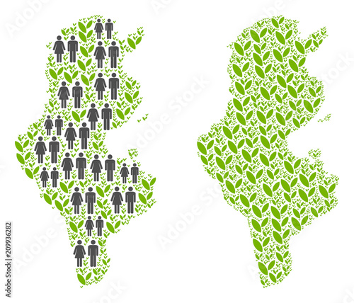 People population and ecology Tunisia map. Vector abstraction of Tunisia map constructed of random family and flora items in different sizes. Abstract social scheme of nation group cartography.