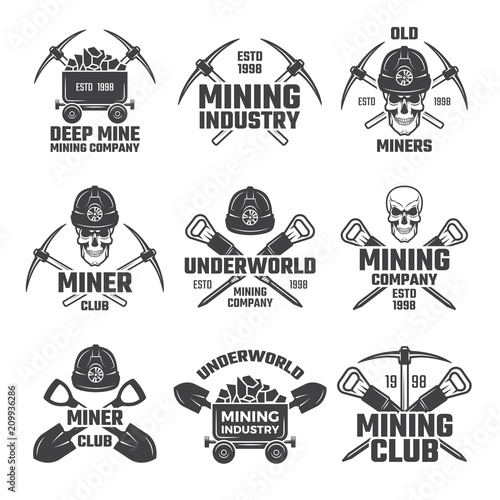 Industrial gold and various mineral mining. Black labels vector set