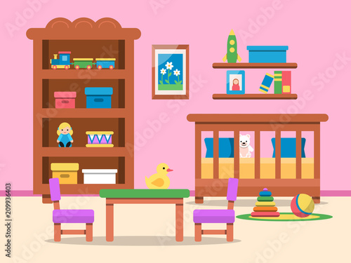 Vector picture of kids room interior. Bed  table and various toys