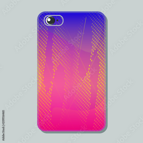 Protective case for mobile phone. Sunrise, stars and clouds. Vector illustration in pink and violet color, romantic style.