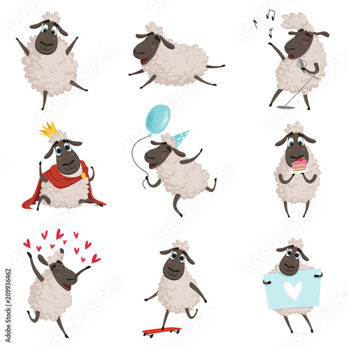 Cartoon farm animals. Sheep playing and making different actions. Vector characters set isolate on white
