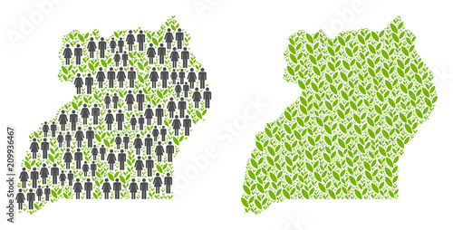 People population and floral Uganda map. Vector composition of Uganda map combined of randomized male and female and sprout items in different sizes.