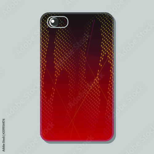 Protective case for mobile phone. Sunrise, stars and clouds. Vector illustration in red and black color, romantic style.