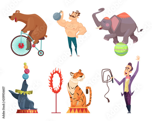 Circus mascots. Clouns, performers, juggler and other characters of circus