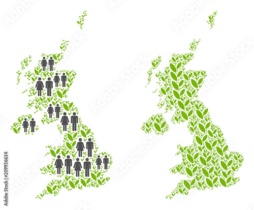 People population and flora plants United Kingdom map. Vector mosaic of United Kingdom map constructed of randomized men and woman and grass items in different sizes.