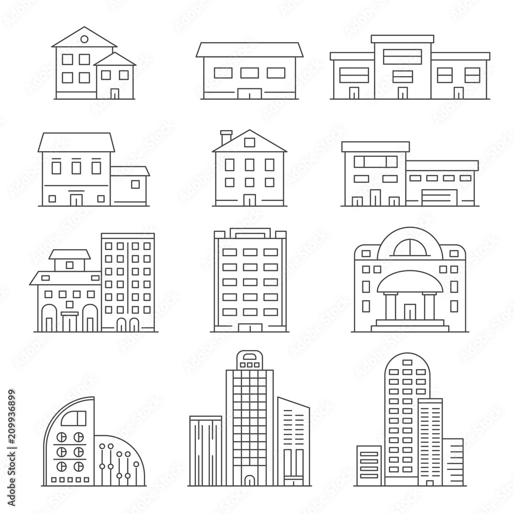 House and business buildings. Vector linear pictures of urban construction