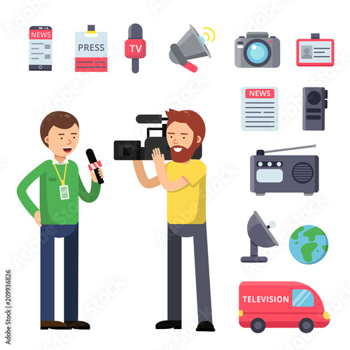 Set thematic symbols of broadcasting and interview. Vector characters isolated