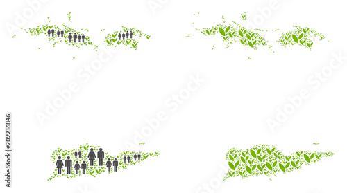 People population and flora USA Virgin Islands map. Vector mosaic of USA Virgin Islands map combined of randomized male and female and flora items in various sizes.