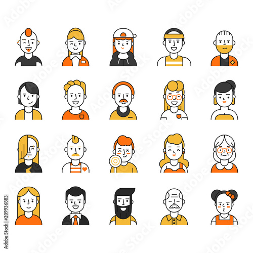 Users icon set in linear style. Various funny characters male and female