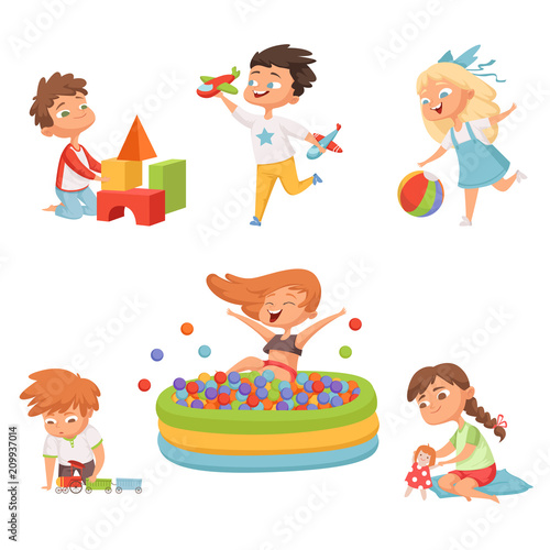 Preschool childrens playing in various toys. Vector illustrations in cartoon style