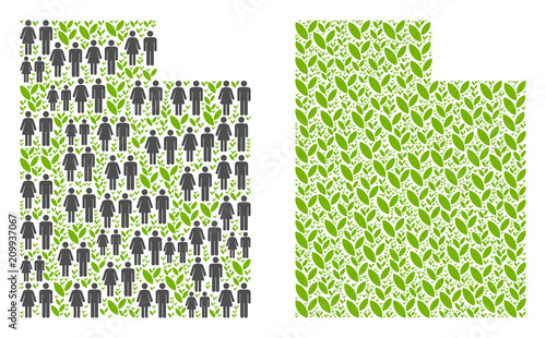 People population and flora plants Utah State map. Vector composition of Utah State map composed of scattered family and plantation items in different sizes.