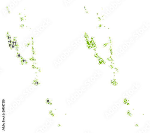 People population and green plants Vanuatu Islands map. Vector abstraction of Vanuatu Islands map done of scattered gender and plantation items in various sizes.