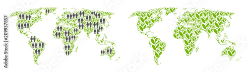 People population and environment world map. Vector composition of world map formed of scattered lady and gentleman and sprout elements in various sizes.
