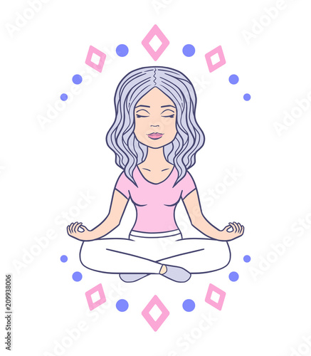 Lovely hand drawn girl meditating, vector illustration.