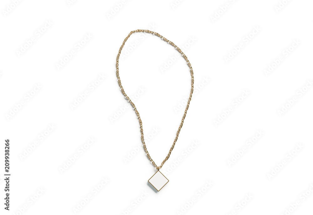 Blank white golden pendant rhombus mockup top view isolated, 3d rendering. Empty gold pendent mock up on chain, rhombic symbol. Clear metal label. Blank white golden pendant rhombus mockup top view isolated, 3d rendering. Empty gold pendent mock up on chain, rhombic symbol. Clear metal label.