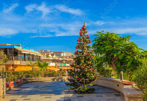 Christmas tree decoration on Fanabe beach in winter season, Tenerife island of Spain photo