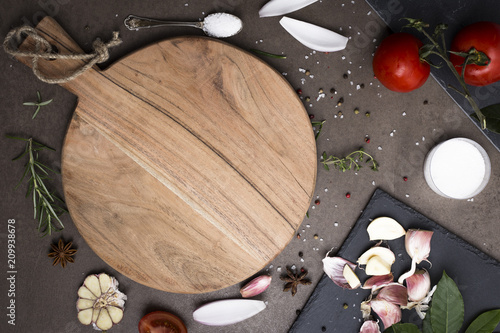 Background, ingredients for preparation on the cutting board