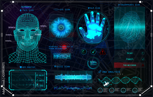 Recognition Biometric Technology and Artificial Intelligence Concept! HUD UI Identification Interface. Elements scanning: Fingerprints, Eye, Voice, Palm and Face. Color Full in HUD Style. Set Elements