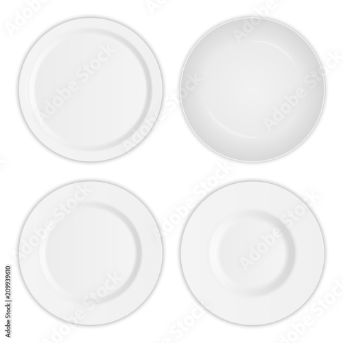 Creative vector illustration set of 3D white round realistic plate dish isolated on transparent background. Art design porcelain soup empty utensil, bowl. Abstract concept graphic dishware element