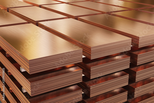 Copper sheets, piles of copper metal in warehouse. 3d illustration.