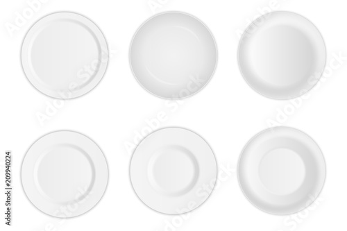 Creative vector illustration set of 3D white round realistic plate dish isolated on transparent background. Art design porcelain soup empty utensil, bowl. Abstract concept graphic dishware element