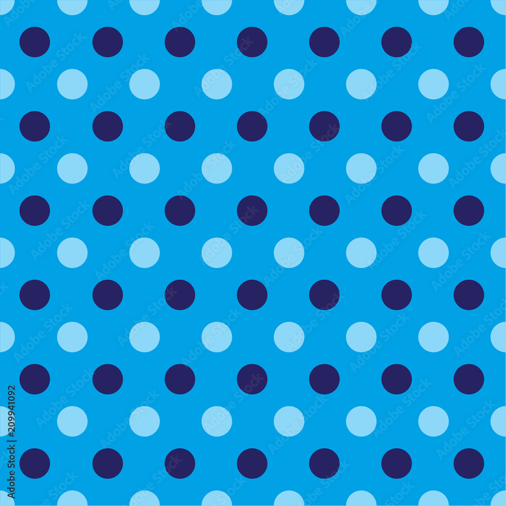 Seamless blue, indigo, navy blue and cyan bright colourful dot pattern background. Ideal for gift wrapping paper or birthday party designs.