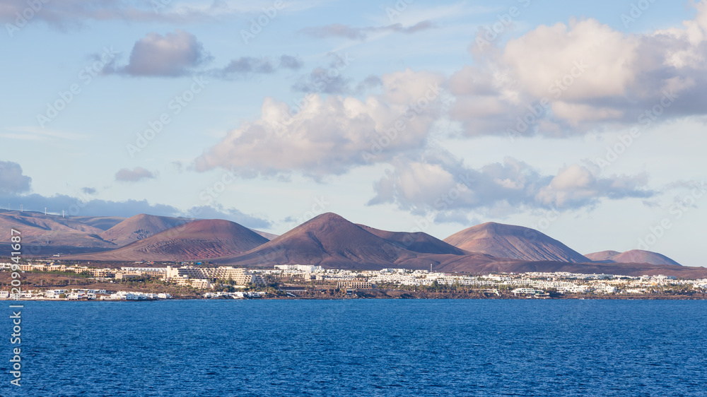 The view towards the resort of Costa Teguise on the Spanish Canary Island of Lanzarote.