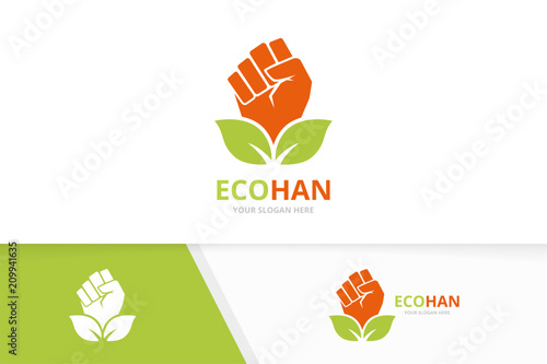 Vector fist and leaf logo combination. Hand and eco symbol or icon. Unique protest and organic logotype design template.