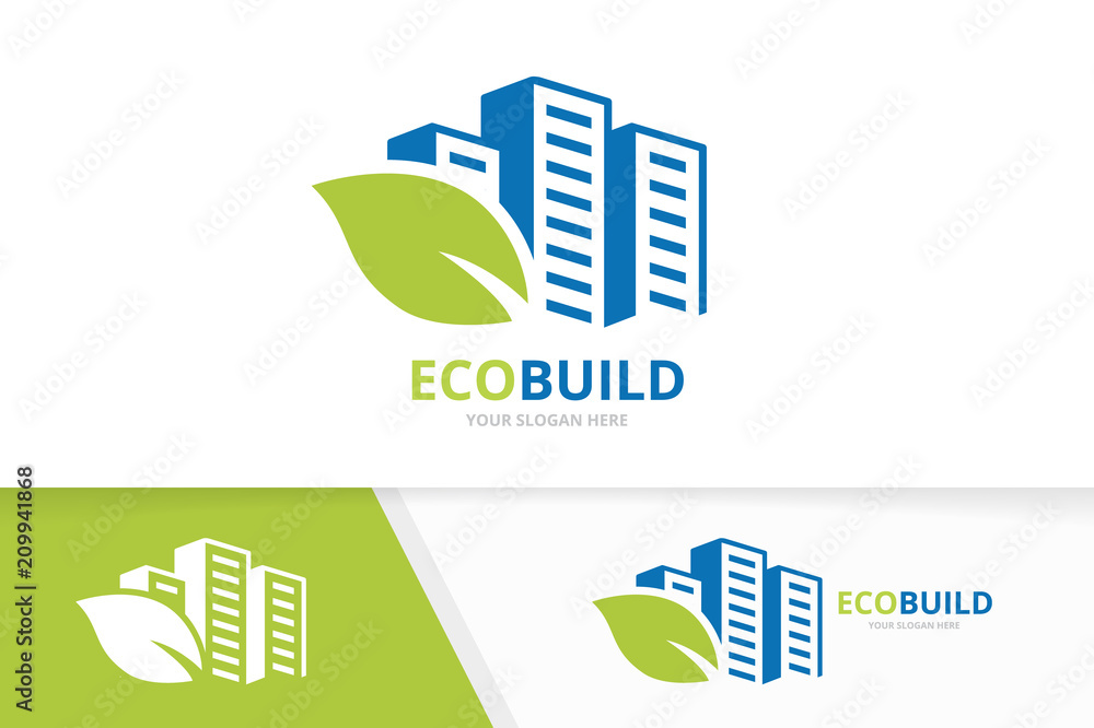 Vector skyscraper and leaf logo combination. House and eco symbol or icon. Unique real estate and organic logotype design template. Vector skyscraper and leaf logo combination. House and eco symbol or icon. Unique real estate and organic logotype design template.