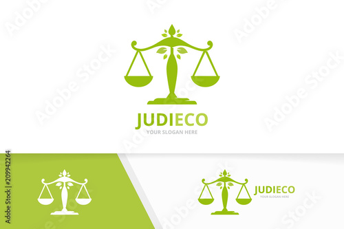 Vector libra and leaf logo combination. Scales and eco symbol or icon. Unique law and organic logotype design template.