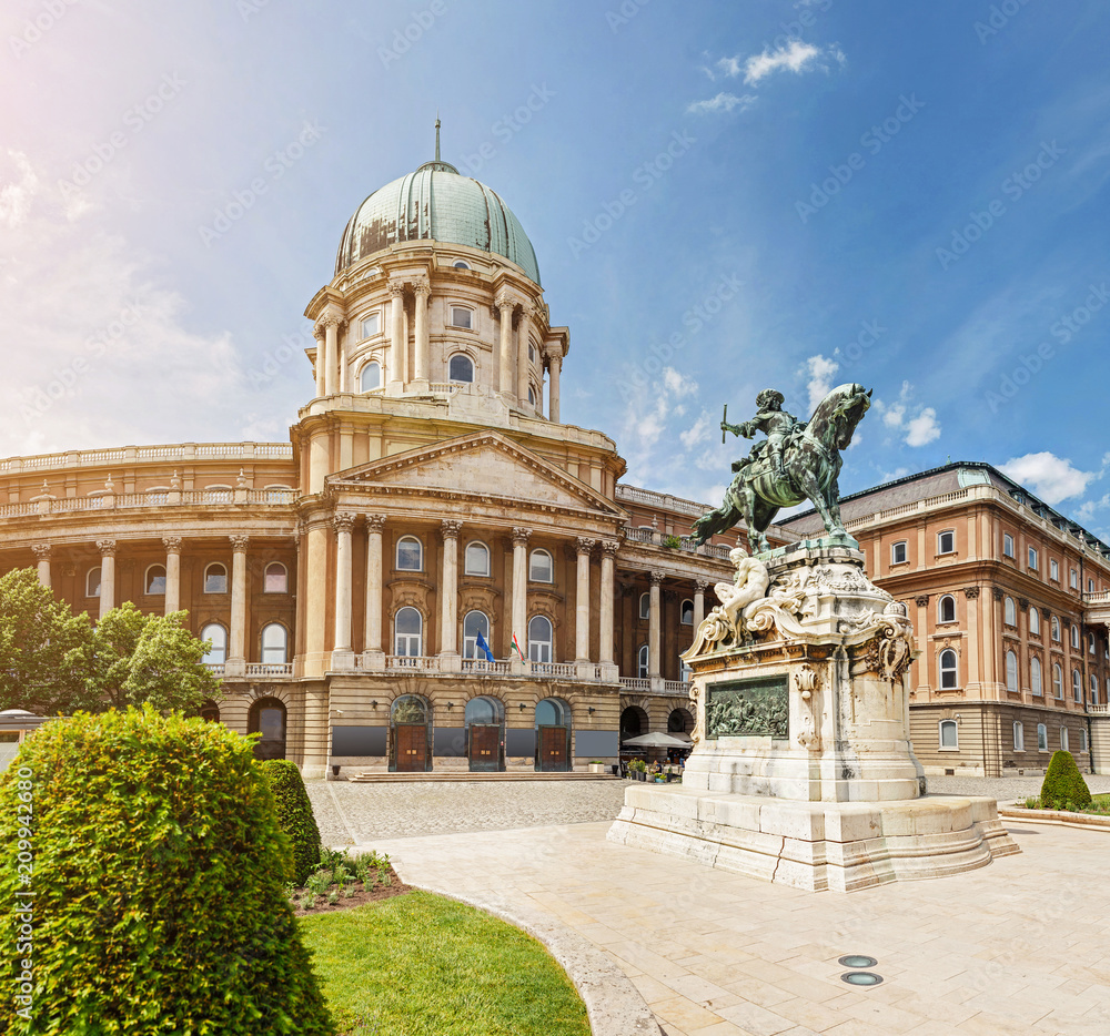 Panoramic view of the Budapest Royal Castle and National Gallery with equestrian statue