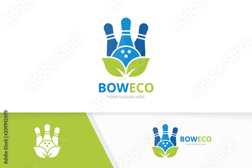 Vector bowling and leaf logo combination. Game and eco symbol or icon. Unique kegling and organic logotype design template.