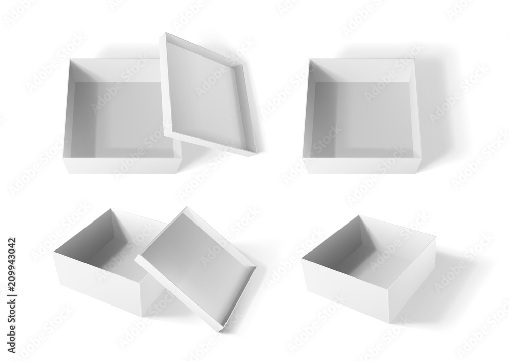 Whirte paper box mockup, realistic empty open box set. Vector illustration. Whirte paper box mockup, realistic empty open box set. Vector illustration.