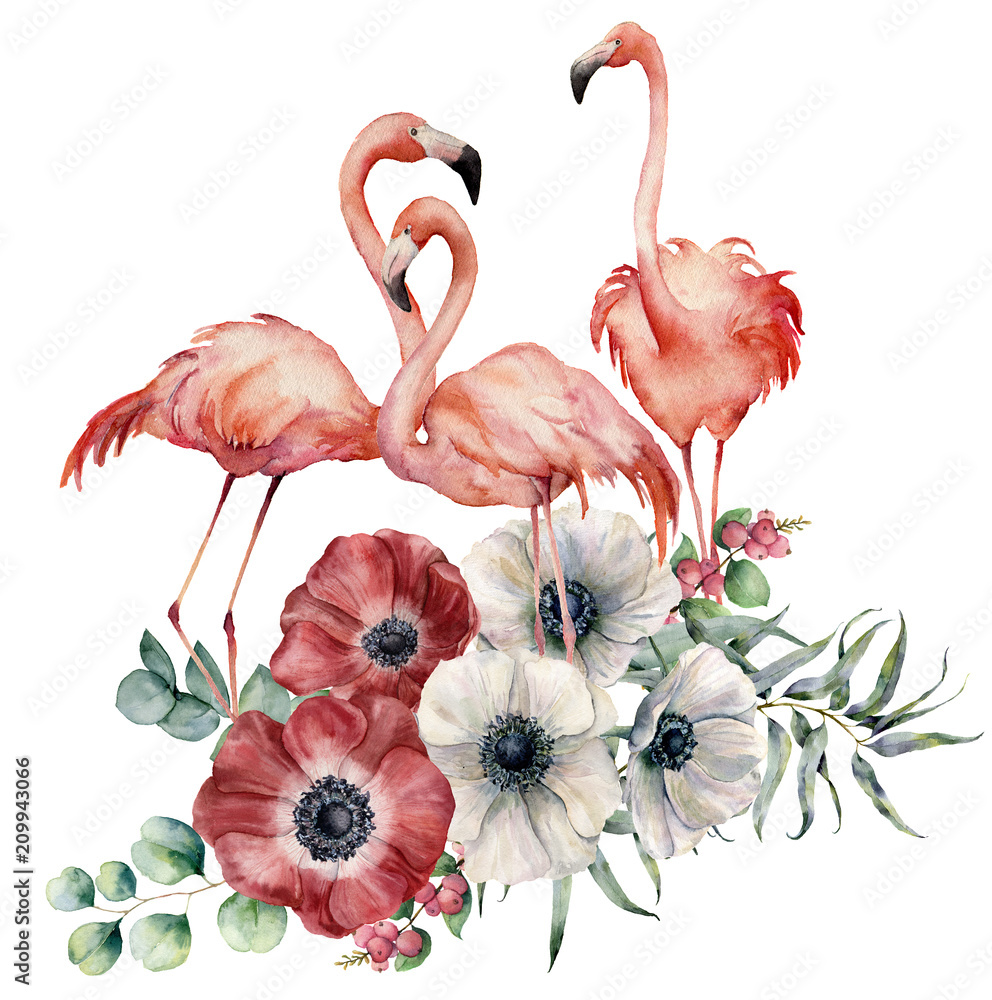 Watercolor flamingo with anemone bouquet. Hand painted exotic birds with flowers, eucalyptus leaves and branch isolated on white background. Wildlife illustration for design, print or background.