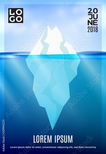 Iceberg in the deep ocean poster. Winter background with sun beam underwater and realistic cloud sky. Vector illustration for advertising and banners.