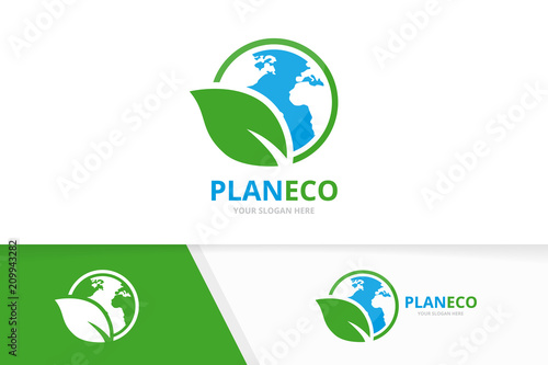 Vector world and leaf logo combination. Earth and eco symbol or icon. Unique globe and organic logotype design template.