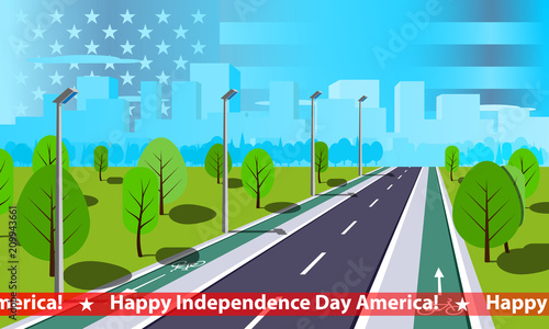Happy 4th of July concept includes straight empty road through the countryside. Summer landscape vector illustration.