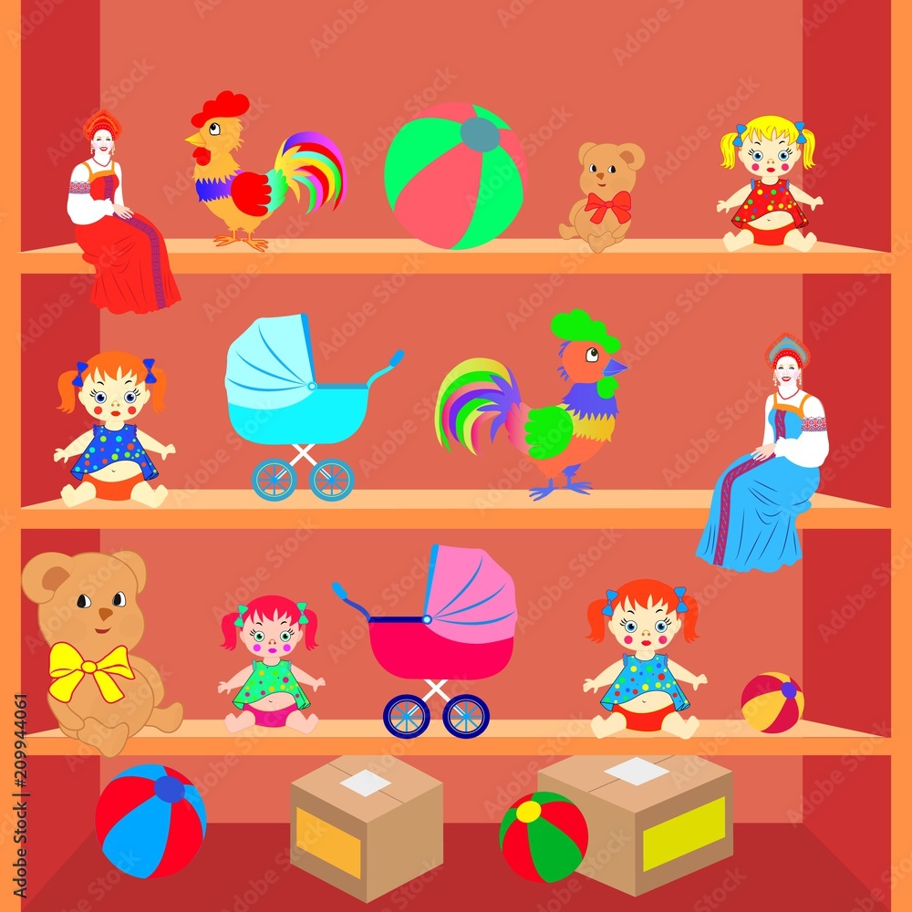 Toys on the shelves, doll, bear, ball