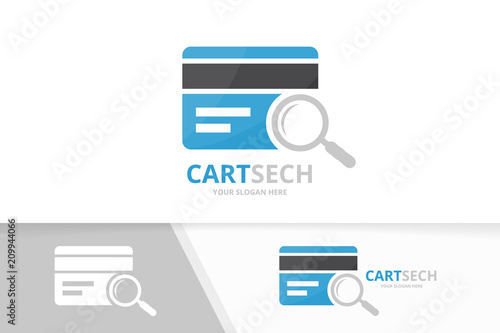 Vector credit card and loupe logo combination. Gift and magnifying symbol or icon. Unique discount and search logotype design template.