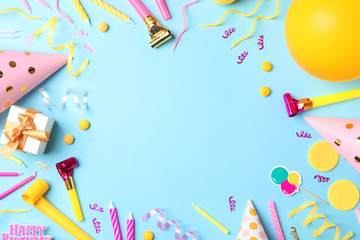 Flat lay composition with birthday party items on color background