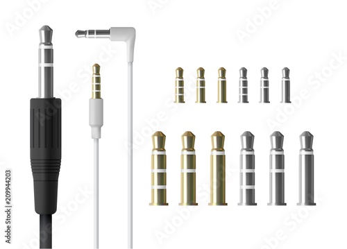 Realistic audio mini jack plug set. Isolated vector illustration of white connector.