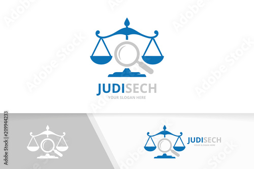 Vector libra and loupe logo combination. Scales and magnifying symbol or icon. Unique law and search logotype design template.