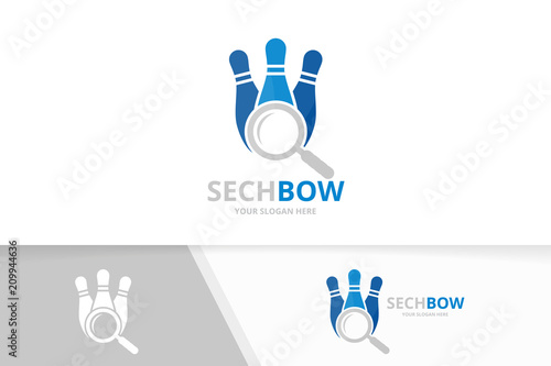 Vector bowling and loupe logo combination. Game and magnifying symbol or icon. Unique kegling and search logotype design template.