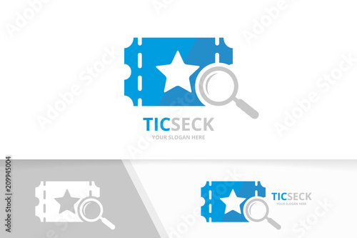 Vector ticket and loupe logo combination. Ducket and magnifying symbol or icon. Unique card and search logotype design template.