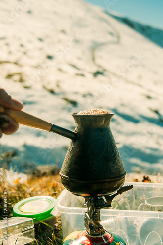 snow-capped peaks, drink coffee in the mountains. Snow-capped mountains of Adygea photo