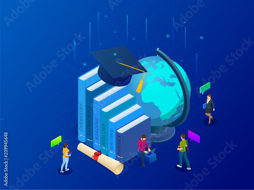 Isometric Education in Global world. Books step education. Online education concept. Online training courses, specialization, university studies vector illustration