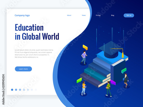 Isometric Education in Global world. Books step education. Online education concept. Online training courses, specialization, university studies vector illustration