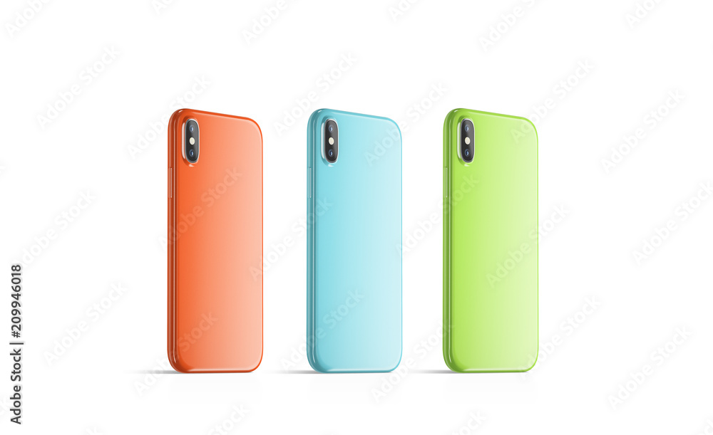 Blank coloured phone cases mock ups, stand left side isolated, Empty colorful smartphone side view cover mockup ready for logo or pattern print presentation. Cellphone protector cover concept. Blank coloured phone cases mock ups, stand left side isolated, Empty colorful smartphone side view cover mockup ready for logo or pattern print presentation. Cellphone protector cover concept.