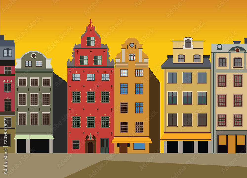 Sunset view of Houses on Stortorget square in Gamla stan in Stockholm, Sweden - vector ilustration
