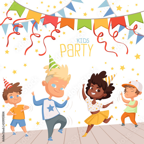 Background illustrations at childrens dance party. Template of poster for kids invitation